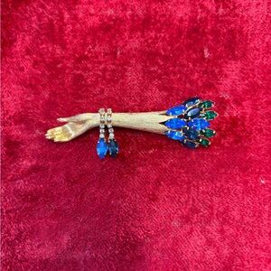 Vintage Gold Tone Hand Floral Bouquet Brooch with Blue and Green Glass Stones